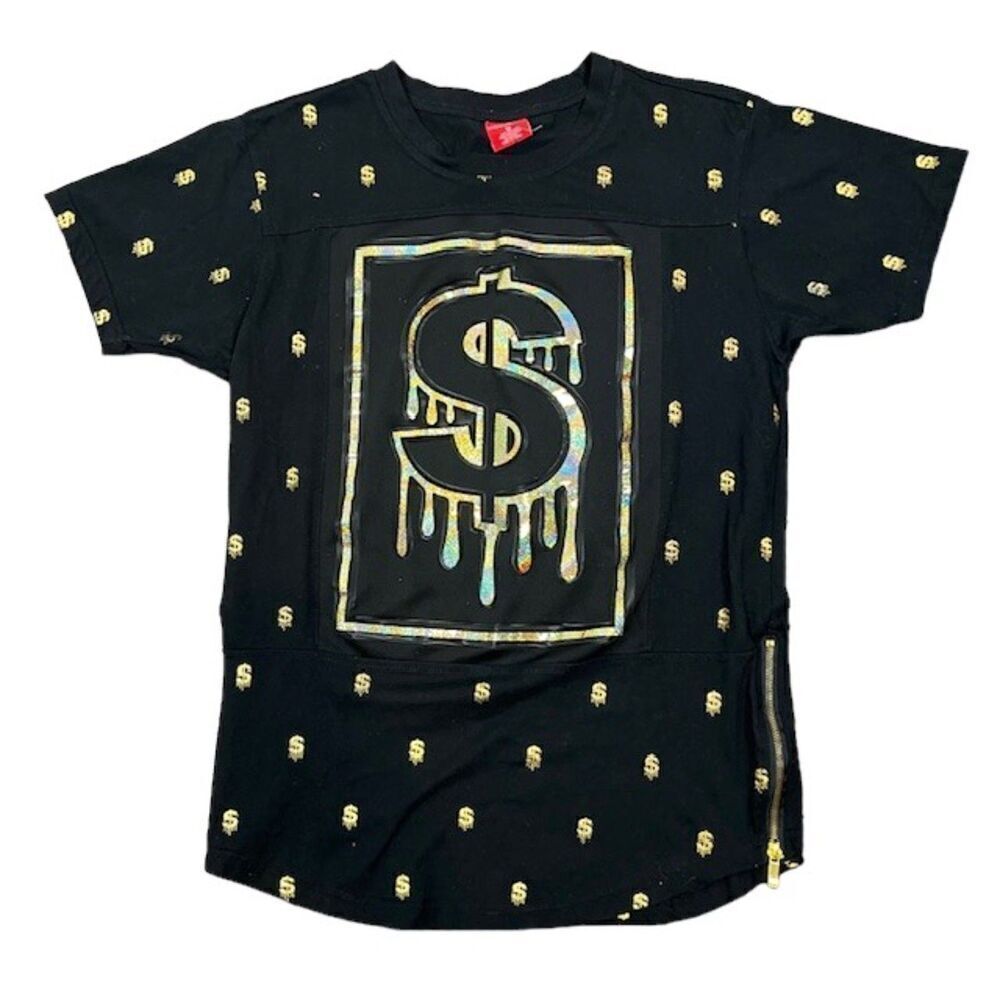 Victorious Embossed T-shirt Dollar Sign Logo Raised Black Metallic Gold Medium